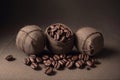 coffee beans in burlap bags on a dark background. studio shot