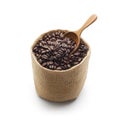 Coffee beans, burlap sack and wooden scoop Royalty Free Stock Photo