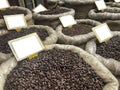 Coffee beans in burlap sacks with blank name labels