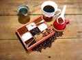 Coffee Beans cacaobeans and sugar box and coffee mugs Royalty Free Stock Photo