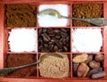 Coffee Beans cacaobeans and sugar box Royalty Free Stock Photo