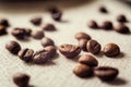 Coffee beans and candy cane.spilled coffee beans Royalty Free Stock Photo