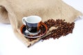 Coffee Beans with Canvas Bag and Coffee Cup Royalty Free Stock Photo