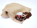 Coffee Beans with Canvas Bag and Coffee Cup Royalty Free Stock Photo