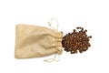 coffee beans in a canvas bag on a white background. Royalty Free Stock Photo
