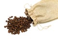 coffee beans in a canvas bag on a white background. Royalty Free Stock Photo