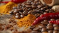 Coffee beans, chili pepper, turmeric for aromatic blend Royalty Free Stock Photo