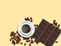 Coffee Beans, Chocolate Bar and White Cofee Cup Isolated in Yellow Background Royalty Free Stock Photo