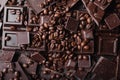 Coffee beans with chocolate dark chocolate. Broken slices of chocolate. Chocolate bar pieces Royalty Free Stock Photo