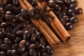 Coffee beans with cinnamon and anise on wooden table Royalty Free Stock Photo