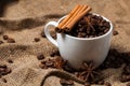 Coffee beans, cinnamon and aniseed in coffee cup