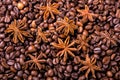 Coffee beans and cinnamon on a background of burlap. ,