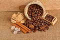 Coffee beans and cinnamon on a background of burlap. Roasted coffee beans background close up. Coffee beans pile from top with