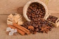Coffee beans and cinnamon on a background of burlap. Roasted coffee beans background close up. Coffee beans pile from top with