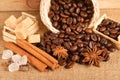 The Coffee beans and cinnamon on a background of burlap. Roasted coffee beans background close up. Coffee beans pile from top with