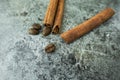 Coffee beans and cinnamon on a sacking background. Royalty Free Stock Photo