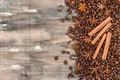 Coffee beans with cinnamon, star anise, cloves spices Royalty Free Stock Photo