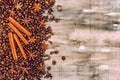 Coffee beans with cinnamon star anise cloves spices vintage Royalty Free Stock Photo