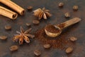 Coffee beans, cinnamon sticks, anise and wooden spoon close-up Royalty Free Stock Photo