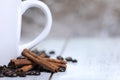 Coffee beans, cinnamon on a wooden table. Breakfast coffee. Morning. espresso