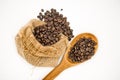 Coffee beans in Cloth bag and wooden spoon Royalty Free Stock Photo