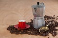 Coffee beans, coffee, coffeemaker and scoop Royalty Free Stock Photo