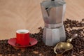 Coffee beans, coffee, coffeemaker and scoop Royalty Free Stock Photo