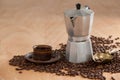 Coffee beans, coffee, coffeemaker and scoop Royalty Free Stock Photo