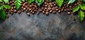 Coffee beans and coffee green leaves on a vintage concrete background. Top view Royalty Free Stock Photo