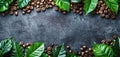 Coffee beans and coffee green leaves on a vintage concrete background. Top view Royalty Free Stock Photo