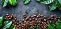 Coffee beans and coffee green leaves on a vintage concrete background. Top view Royalty Free Stock Photo