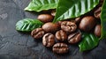 Coffee beans and coffee green leaves on a vintage concrete background. Top view Royalty Free Stock Photo