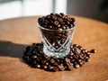 Coffee beans in a crystal jar on a brown wooden. Royalty Free Stock Photo