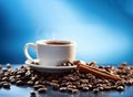 coffee beans and a cup of coffee on a blue background