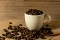 the coffee beans and cup of coffee on sack with spoon onwooden t Royalty Free Stock Photo