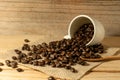 the coffee beans and cup of coffee on sack with spoon onwooden t Royalty Free Stock Photo