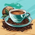 coffee beans and a cup of coffee on a saucer with a map of the world in the background vector illustration ilustraÃÂ§ÃÂ£o Royalty Free Stock Photo