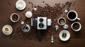 Coffee beans, cup of coffee and vintage camera on wooden background