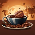 coffee beans and a cup of coffee on a world map background vector price 1 credit usd 1 Royalty Free Stock Photo