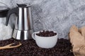 Coffee beans in cup with geyser coffee maker Royalty Free Stock Photo