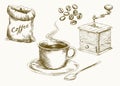 Coffee beans, cup of coffee, grinder. Set of hand drawn vector illustration Royalty Free Stock Photo