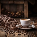 coffee beans and cup on old wood