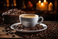 coffee beans and cup of coffee on rustic wooden table with candles banco de imagens