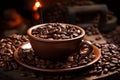 coffee beans in a cup and saucer on a wooden table Royalty Free Stock Photo