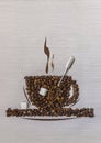 Coffee beans in a cup, spoon,sugar and abstract smoke Royalty Free Stock Photo