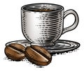 Coffee Beans And Cup Vintage Woodcut Illustration Royalty Free Stock Photo