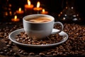 coffee beans and cup of coffee on wooden table with candles banco de imagens