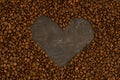 Coffee in beans on dark background. Coffee beans in the form of heart. Abstract background texture.Coffee beans texture. Food Royalty Free Stock Photo