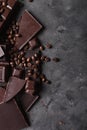 Coffee beans and dark chocolate. Chocolate bar . Background with chocolate. Coffee beans. Cinnamon sticks and star anise Royalty Free Stock Photo