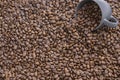 Coffee beans in dark cup on mixed coffee beans background Royalty Free Stock Photo